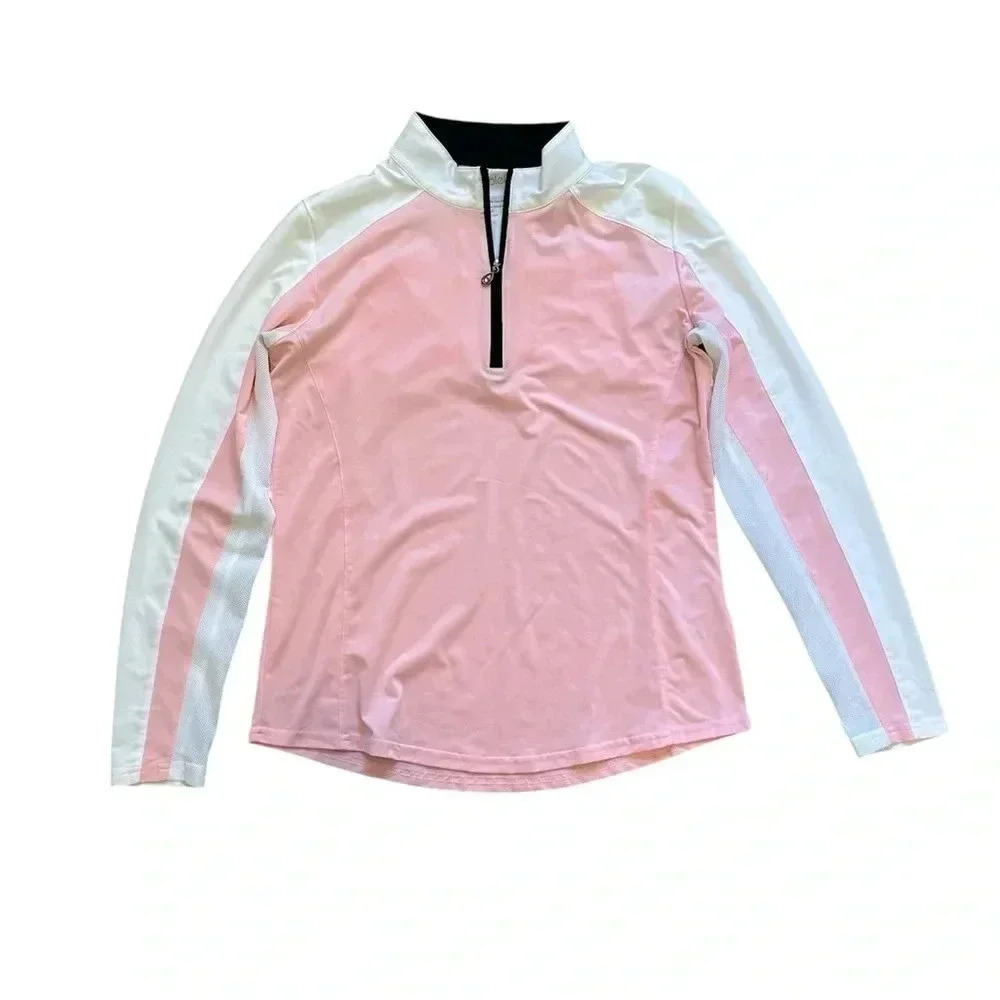 SANSOLEIL Women’s Pink And White UPF 50 Long Sleeve 1/4 Zip Up Size Medium